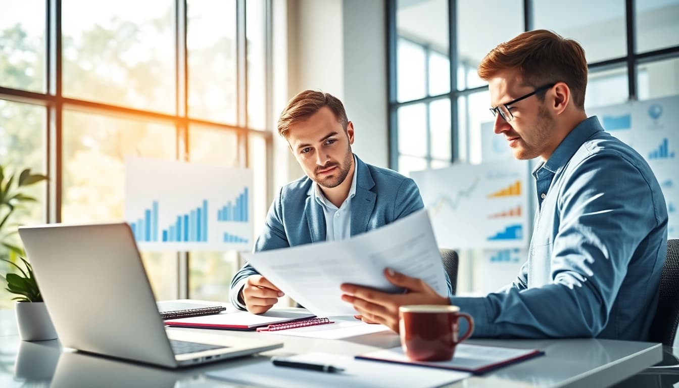 Illustration of Proposal Writing and Management with a consultant reviewing documents in a professional office.