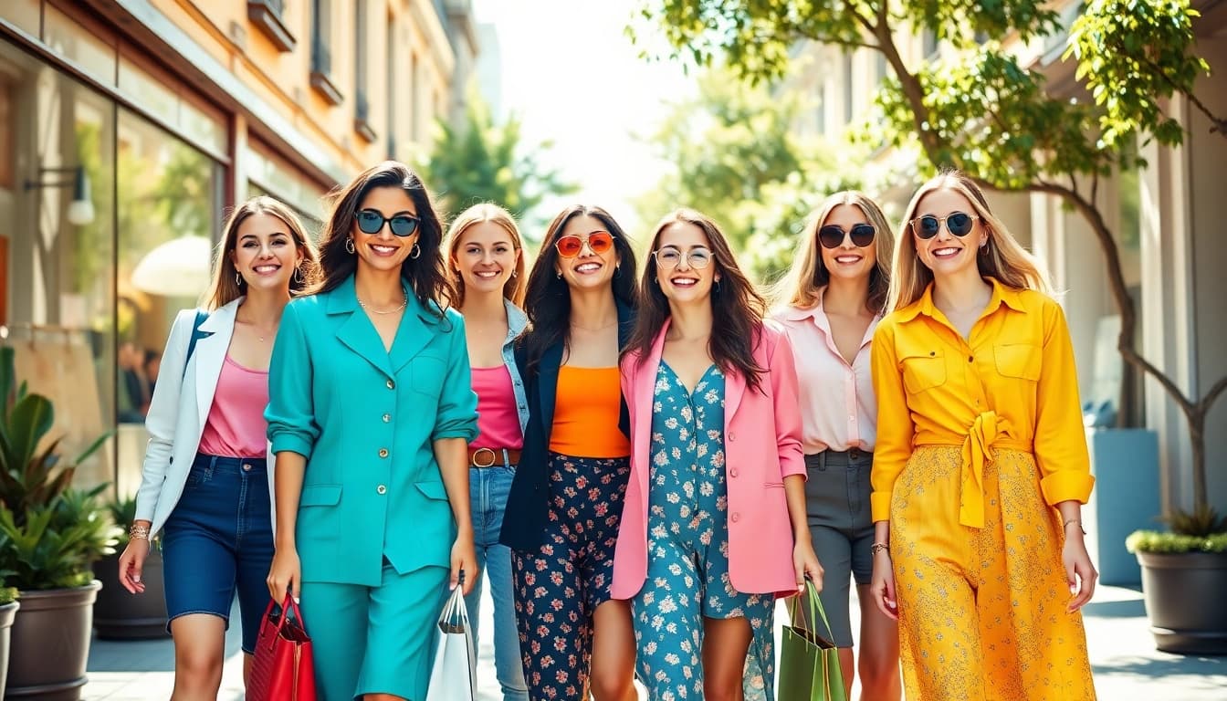 Stylish women fashion ensemble in vibrant outfits showcasing urban chic style.