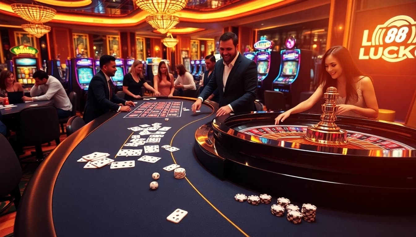 LUCK8 casino scene with players enjoying roulette and poker, highlighting excitement and luxury.