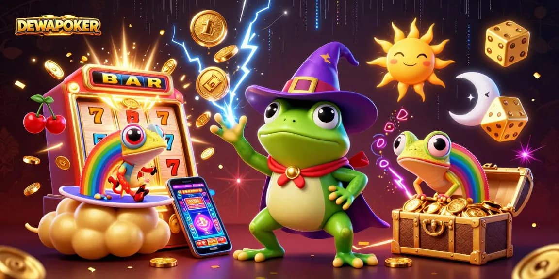 Dewapoker's vibrant scene showcases a powerful frog wizard amidst a golden coin storm, perfect for attracting players.