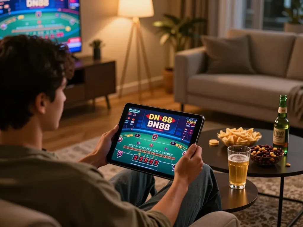 Enjoying a thrilling DN 88 online baccarat game on tablet in a cozy living room.