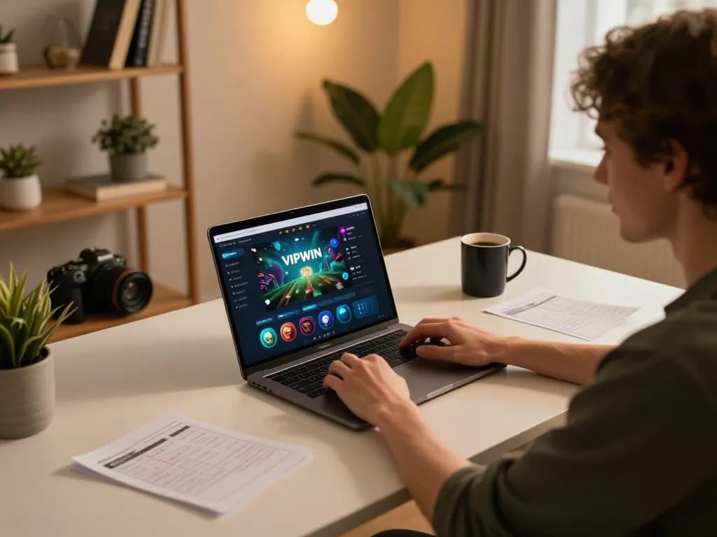Person playing on the VIPWIN app at a stylish desk, showcasing online gambling excitement