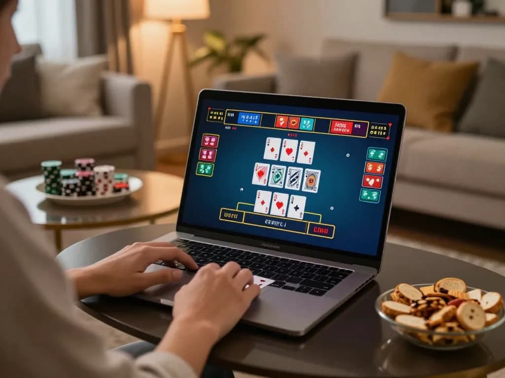 Engaging in okwin live dealer blackjack session at home, capturing the strategic gameplay atmosphere.