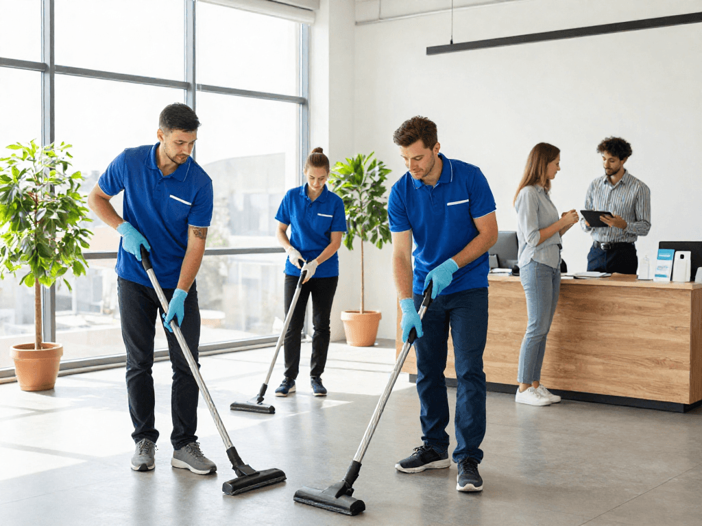 Professionelle Reinigungsfirma in Dortmund bei der Arbeit, umweltfreundliche Produkte verwendend.