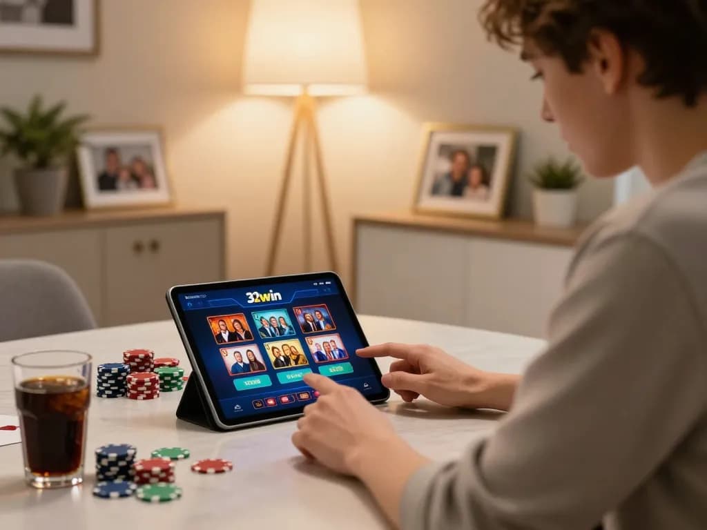 Engaging action with 32win casino app on tablet during home gaming session.