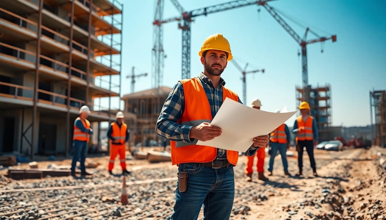 New Jersey Commercial General Contractor supervising construction with blueprints and teamwork.