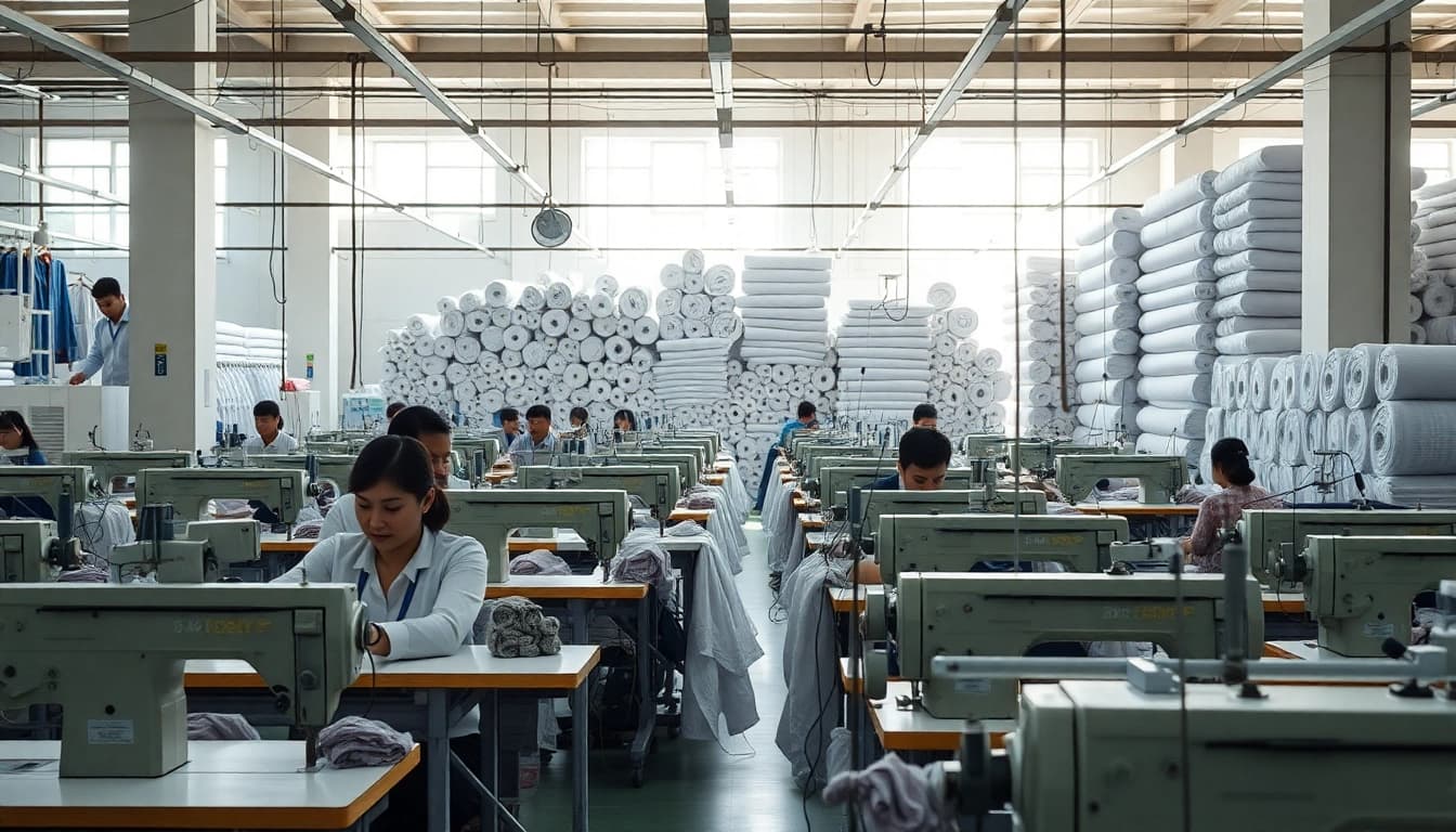 Manufacturing Clothing in China with skilled workers at sewing stations in a vibrant textile factory.