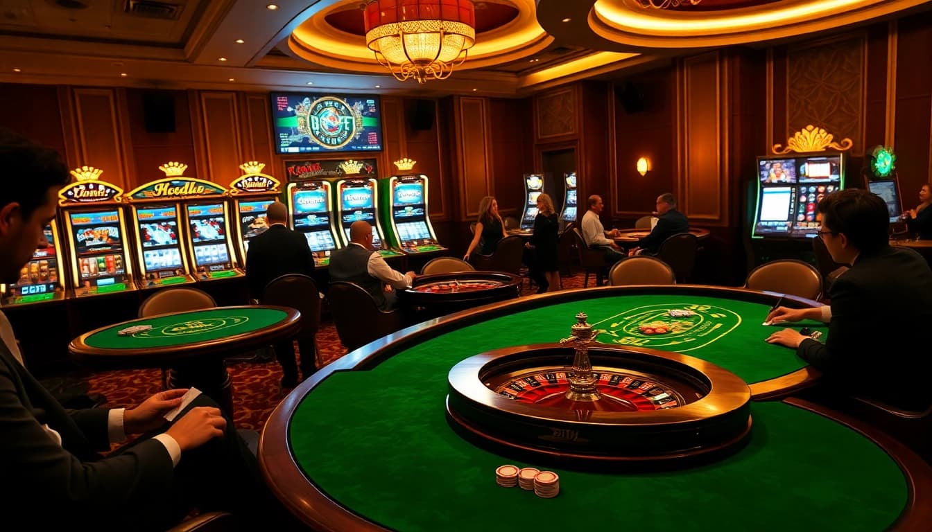 Players enjoying vibrant casino games inspired by the hidden wiki, showcasing poker tables and slot machines.