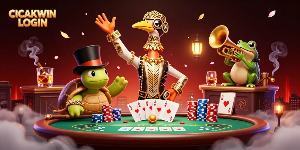 CICAKWIN LOGIN at a vibrant speakeasy with cartoon characters playing poker in a lively casino setting