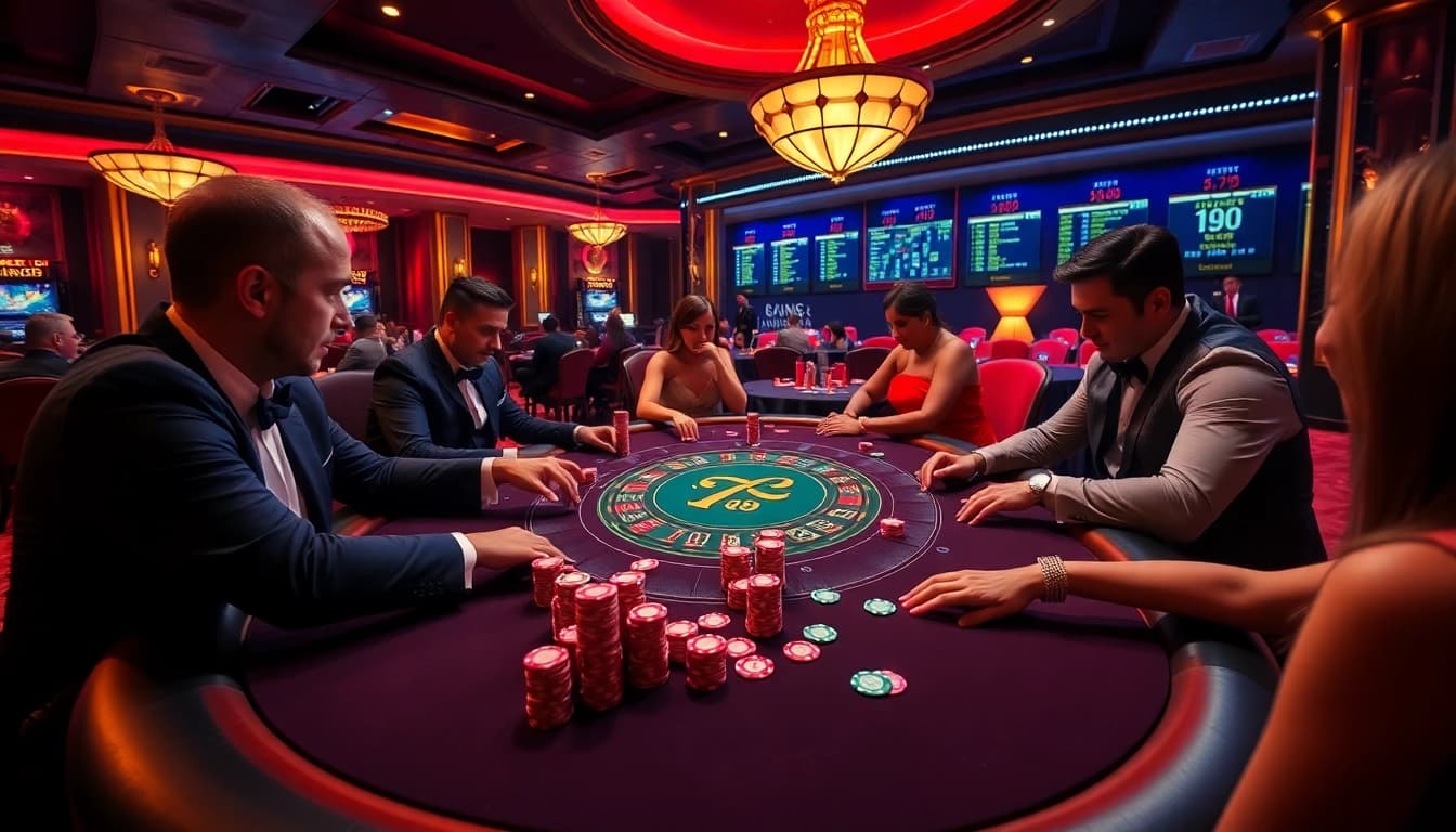 Thrilling poker game scene at Trang Chủ QQ88, showcasing high-stakes competition and vibrant atmosphere.