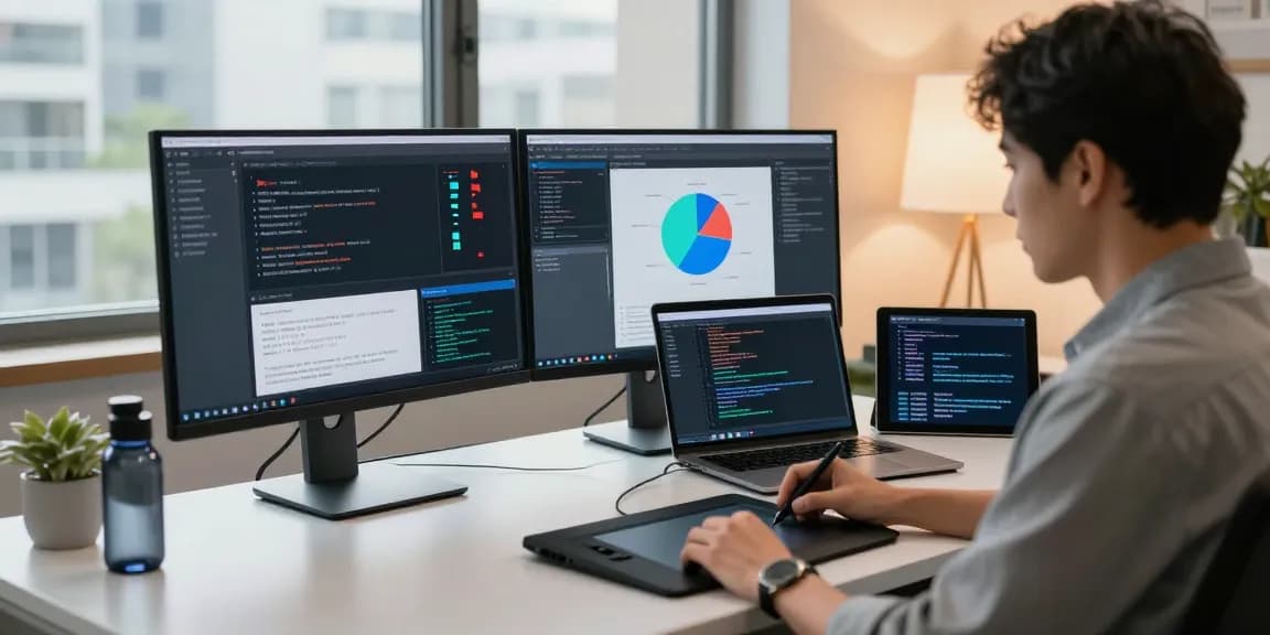 AI detector analyst reviewing content moderation dashboard in modern workspace