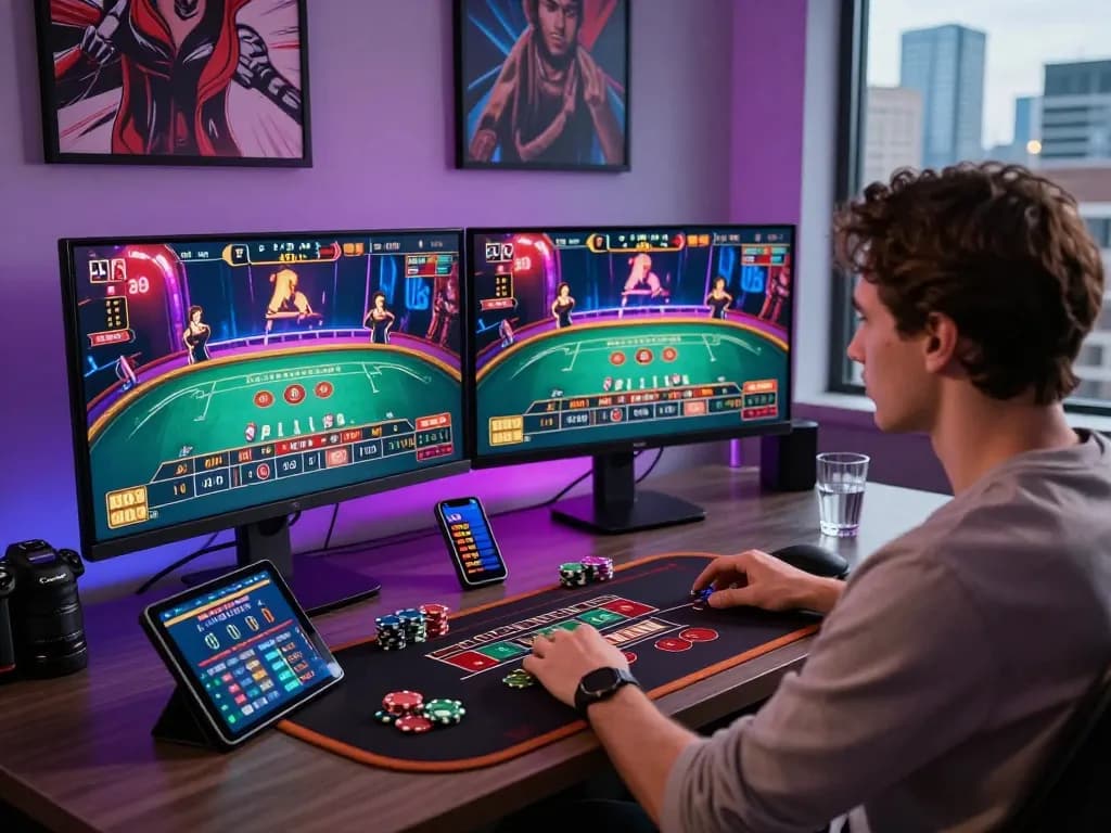 Online baccarat gaming scene showcasing immersive live casino experience at a stylish desk with vibrant displays.