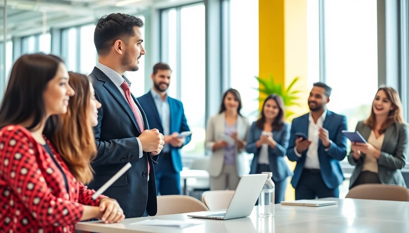 Engage in impactful sales training where professionals enhance their skills in an energetic setting.