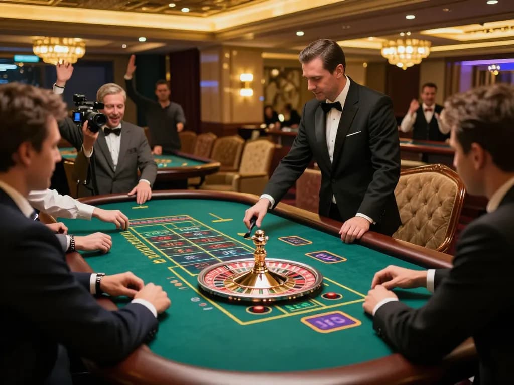 uu888 betting at a glamorous live roulette table with a professional dealer and excited players