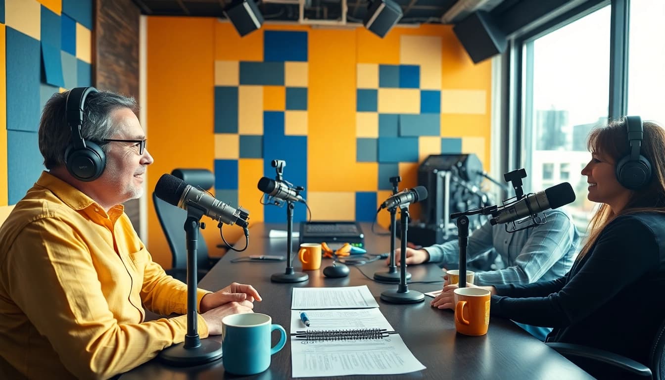 Broadcast hosts discussing community news at https://chadronradio.com/ in an inviting studio setting.