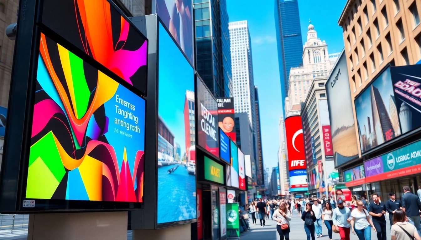 Engaging digital advertising boards in a lively cityscape, showcasing vibrant ads.