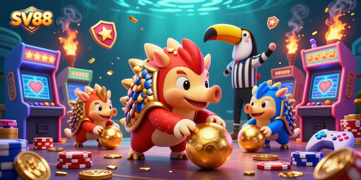 Engage with SV88 as rival pangolins playfully bowl through poker chips in a vibrant casino atmosphere.