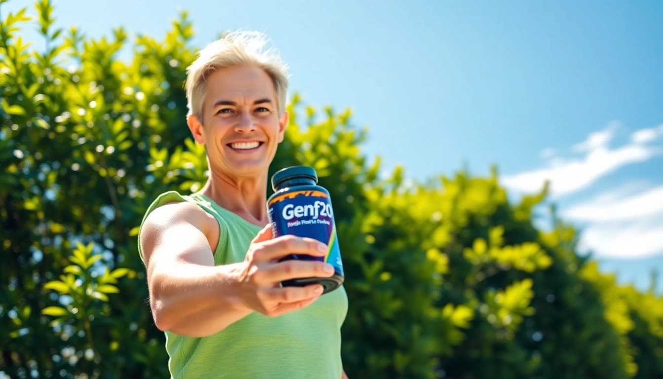 Promote Genf20 Plus with a model radiating health and positivity in nature.