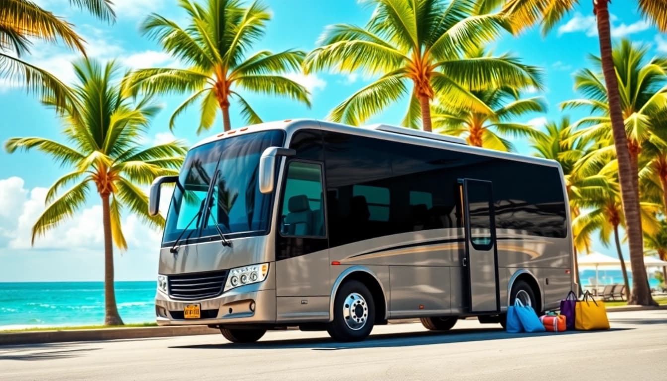 Experience convenience and luxury with https://miamicharterbus.com charter buses set against a scenic Miami backdrop.