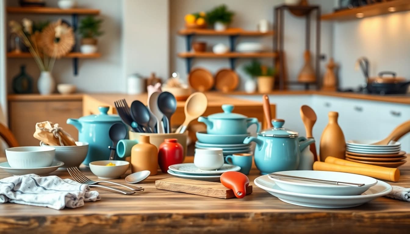 Showcase of kitchenware gift ideas NZ with elegant utensils and stylish plates on a wooden table.