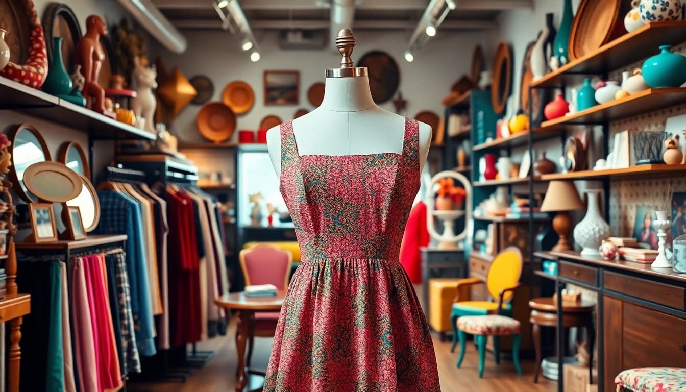Shop inside a vibrant thrift store featuring vintage clothing and unique decor items.