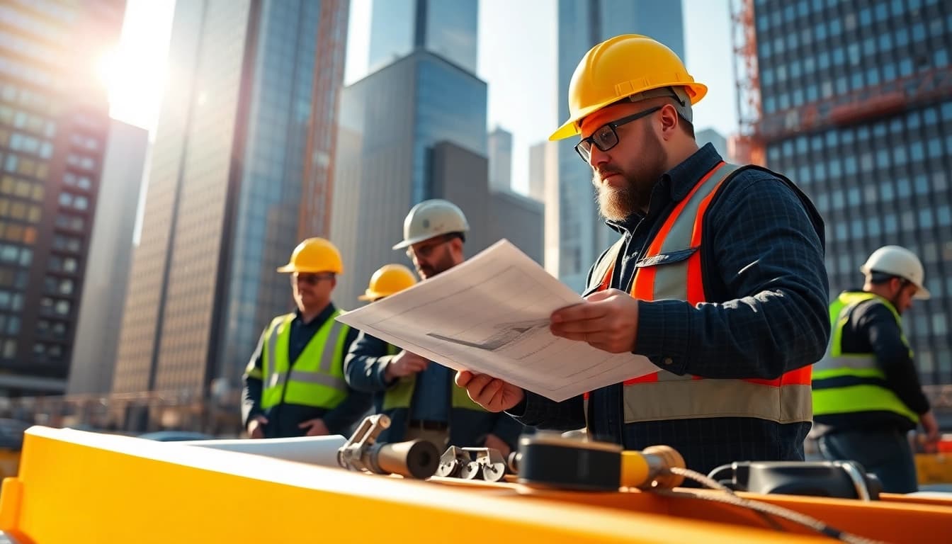 New York City General Contractor managing a bustling construction site with city skyscrapers.