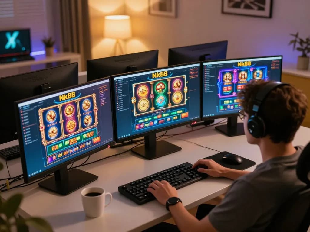 Engaging moment at an Nk88 online gaming setup highlights vibrant casino interface and dynamic gameplay.