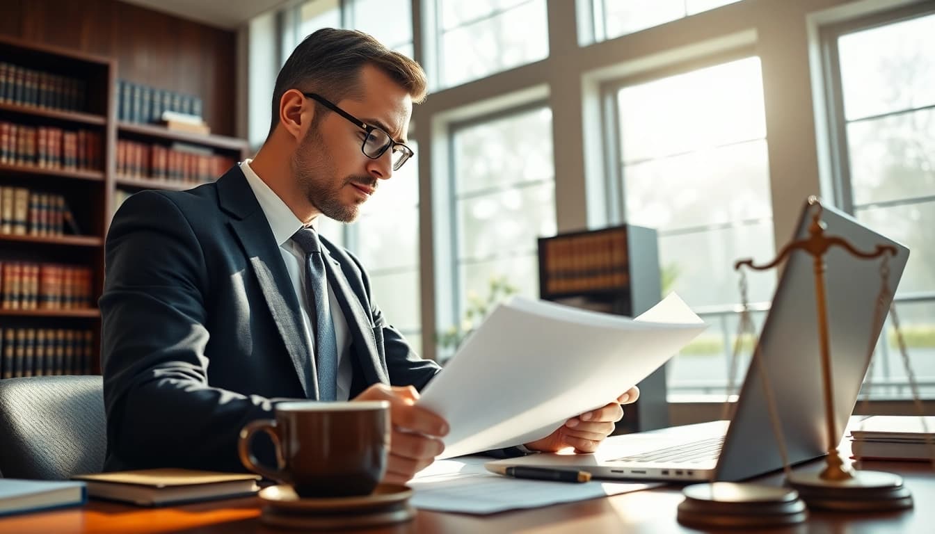 Legal Recoveries specialist reviewing documents in a professional office environment.