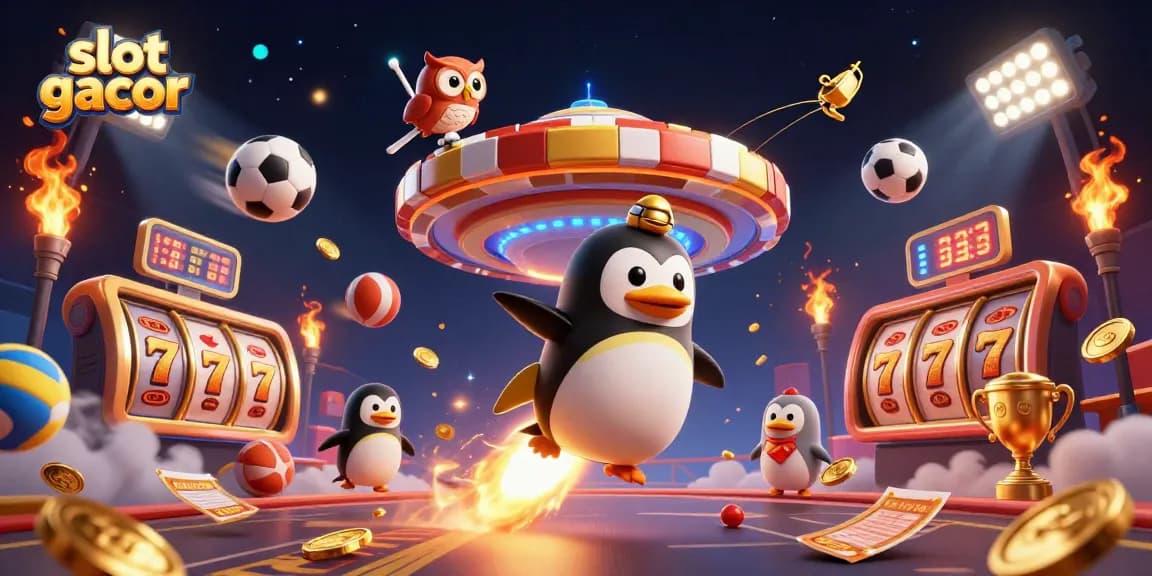 Engage with slot gacor as a golden penguin rockets toward a casino, joined by dynamic sports elements.
