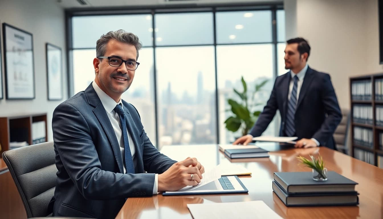 Engaging New York City Personal Injury Lawyer assisting a client in a bright office setting.