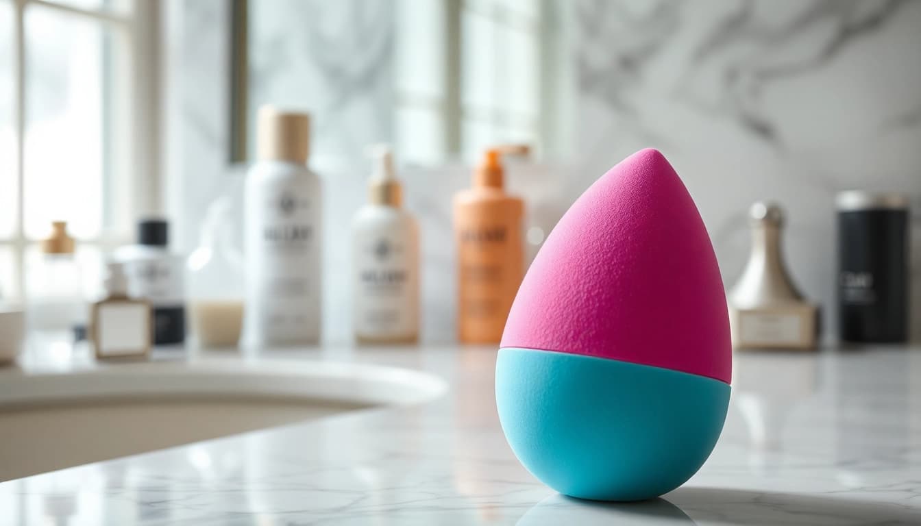 Apply makeup flawlessly with a silicone beauty blender showcased on a luxurious vanity.