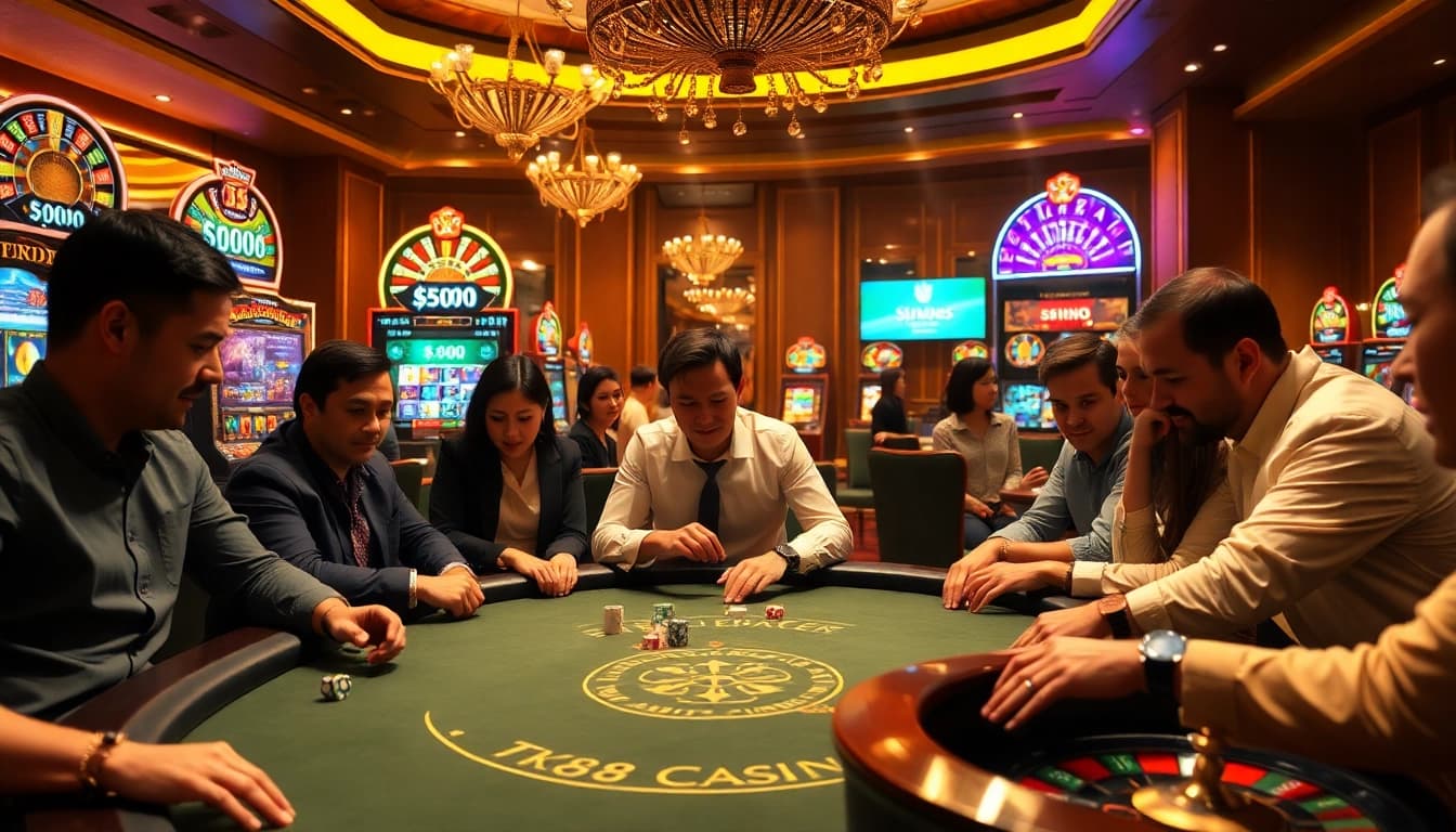 TK88 casino offers an exhilarating poker experience with vibrant chip colors and an engaging atmosphere.