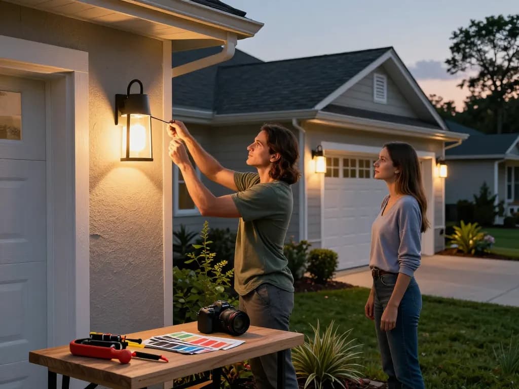 Beautiful outdoor garage lights enhancing a suburban home’s exterior at dusk with warm lighting and stylish fixtures.