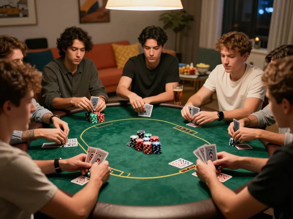 Friends engaged in an exciting poker game at home, highlighting winstrike69 strategies with colorful chips.