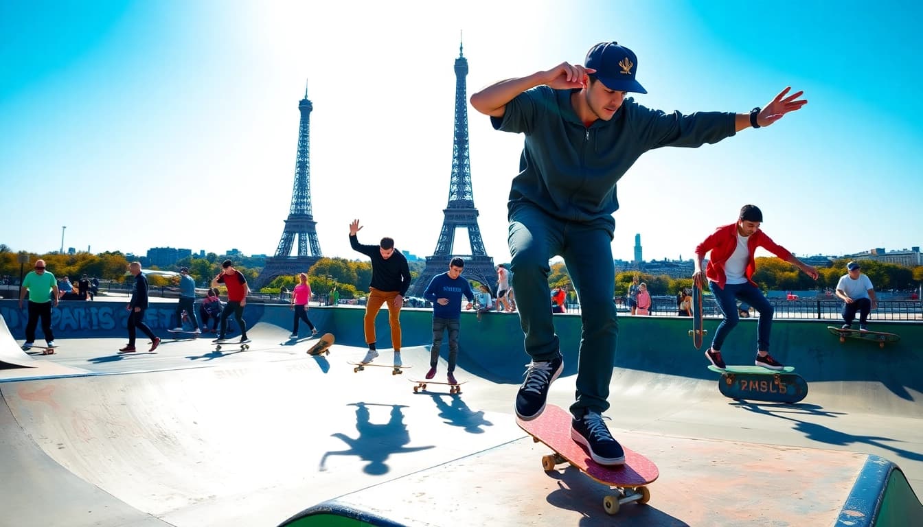 Catch action-packed skateboarding moments at École de Skate Paris, showcasing diverse skaters and iconic Paris sights.