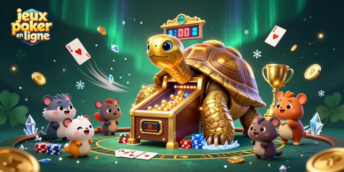 Jouez aux jeux de poker en ligne avec une illustration captivante d'une tortue géante joyeuse.