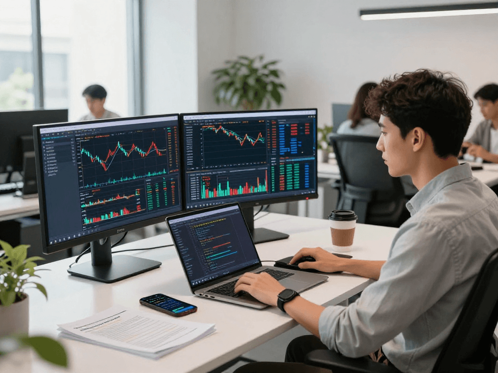 Real-time US stock tick data API in a modern development workspace with analysts coding and monitoring market trends.