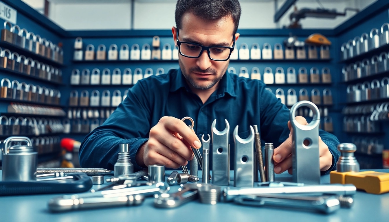 Locksmiths Durham showcasing professional expertise in a modern workshop, demonstrating tools and locks.