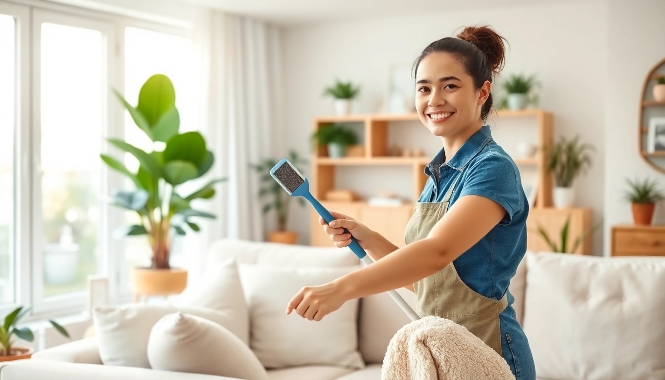 Efficient cleaning process showcasing pris hemstädning with bright light and cozy atmosphere.