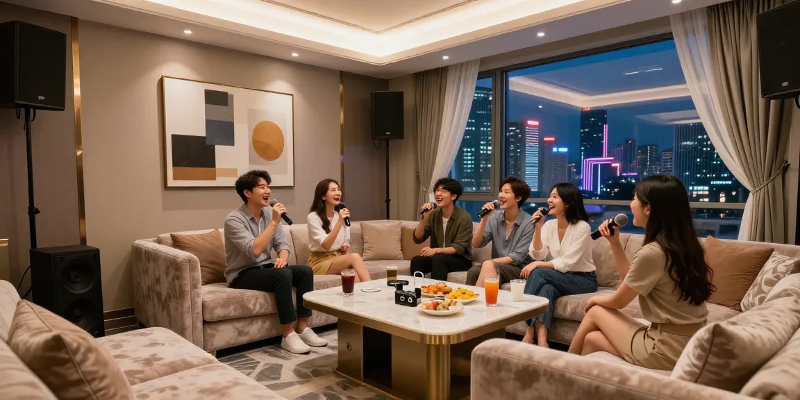 강남쩜오의 고급스러운 카라오케 라운지에서 즐기는 친구들 모습
