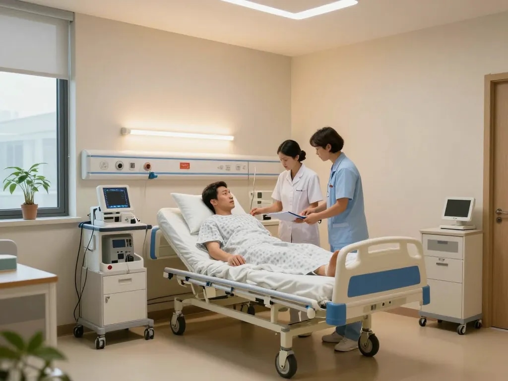 Engaging care at giường bệnh nhân in a hospital room, showcasing professional nursing activity.