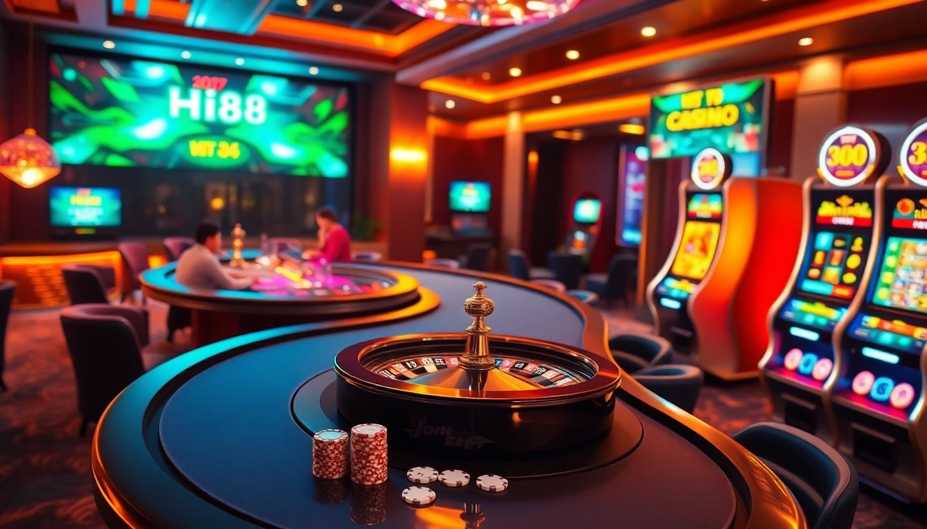 Hi88 casino scene with a poker table, vibrant lights, and engaging slot machines.