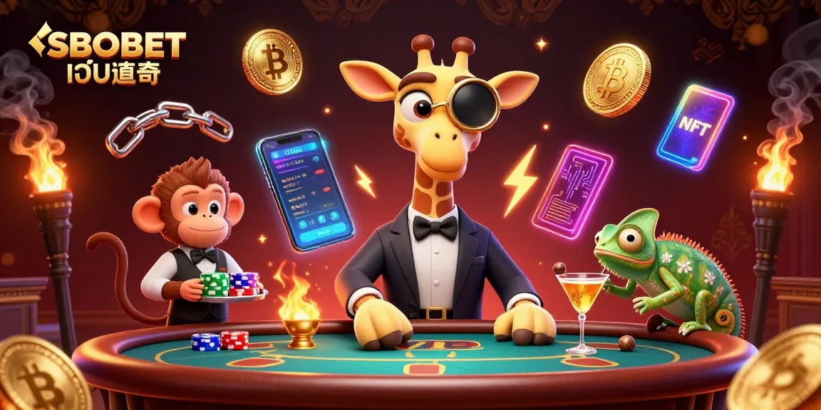 SBOBET เว็บตรง showcases a high-roller giraffe at a poker table with Bitcoin and Ethereum coins, emphasizing casino excitement.