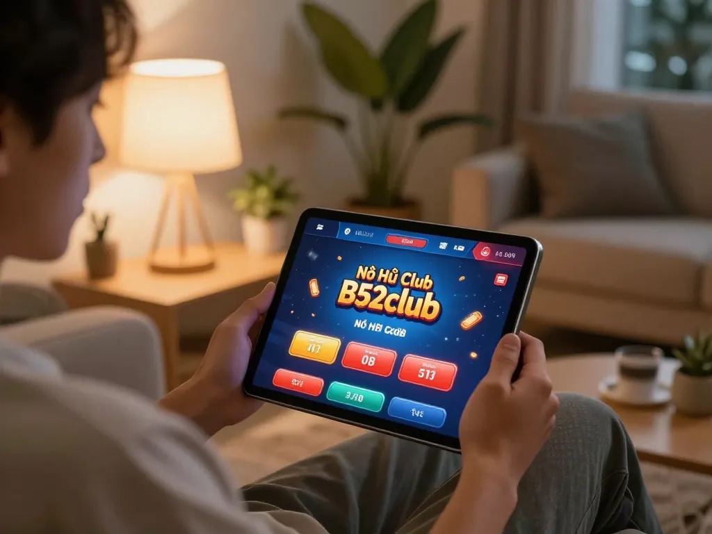 Nổ Hũ Club B52club interface displayed on a tablet while a user enjoys online gaming at home.