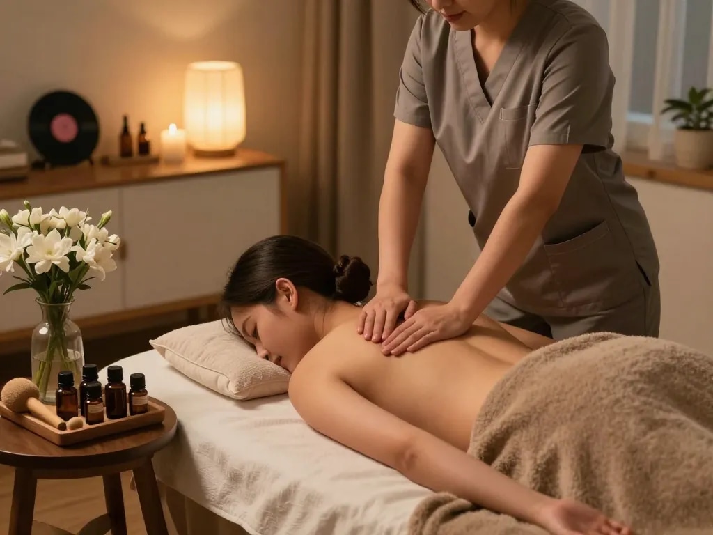 The ultimate relaxation experience with 출장마사지 from https://www.maxim-anma.net in a cozy evening home setting, featuring a professional therapist and tranquil ambiance.