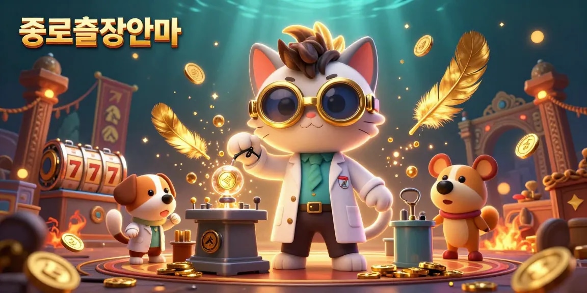 Engage in thrilling 종로출장안마 with a 3D illustration showcasing a playful scientist cat conjuring gold coins amidst slot elements.