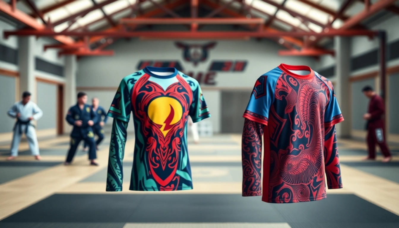 Shop similar variations of BJJ rash guards showcasing unique designs in a martial arts setting.