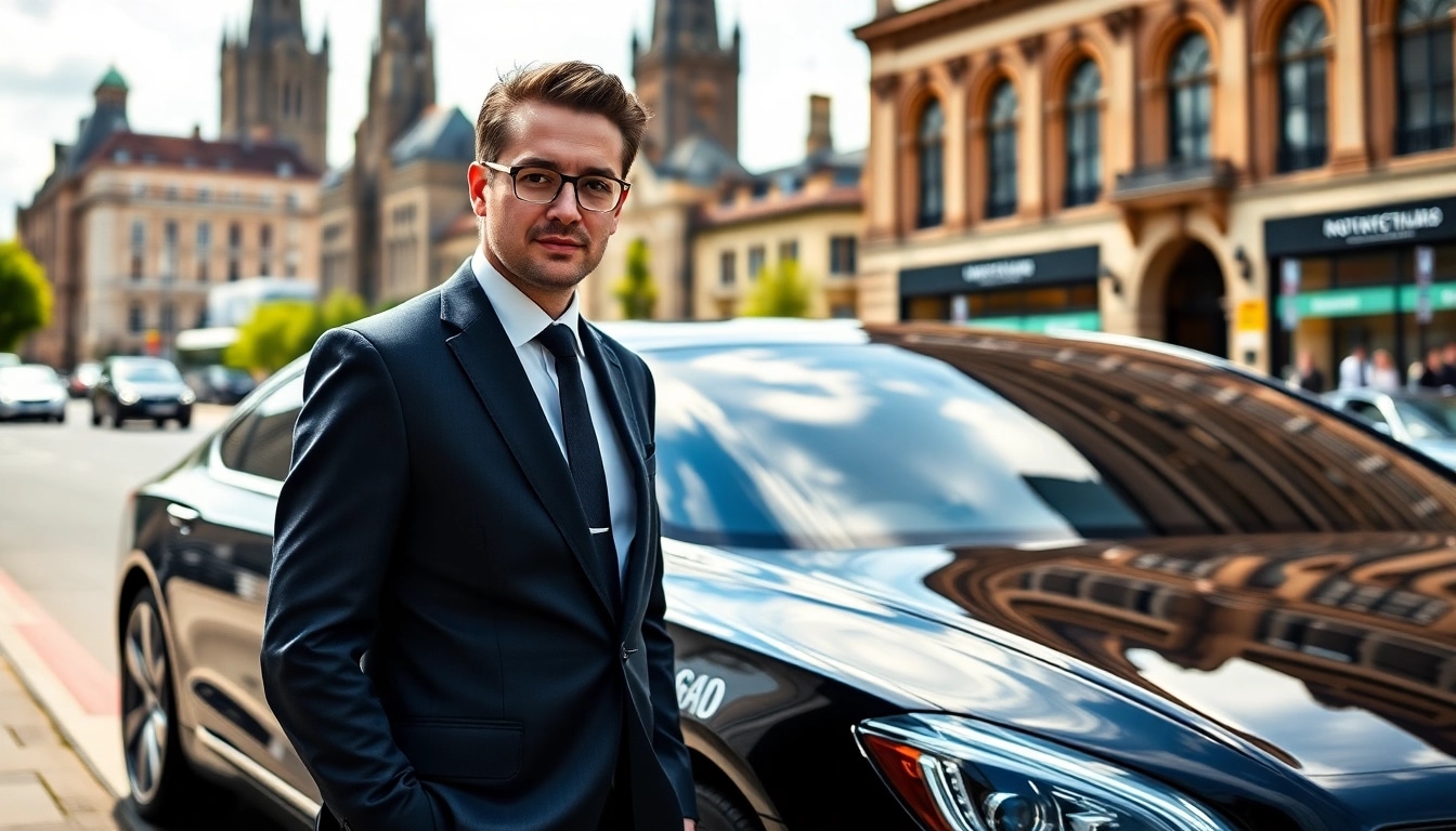 Chauffeur Nottingham standing next to a luxury car in front of iconic Nottingham landmarks
