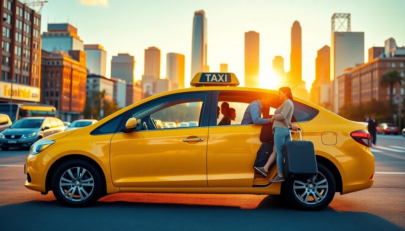 Experience LONG DISTANCE TAXI TRANSFERS with a modern taxi amid a vibrant city backdrop.