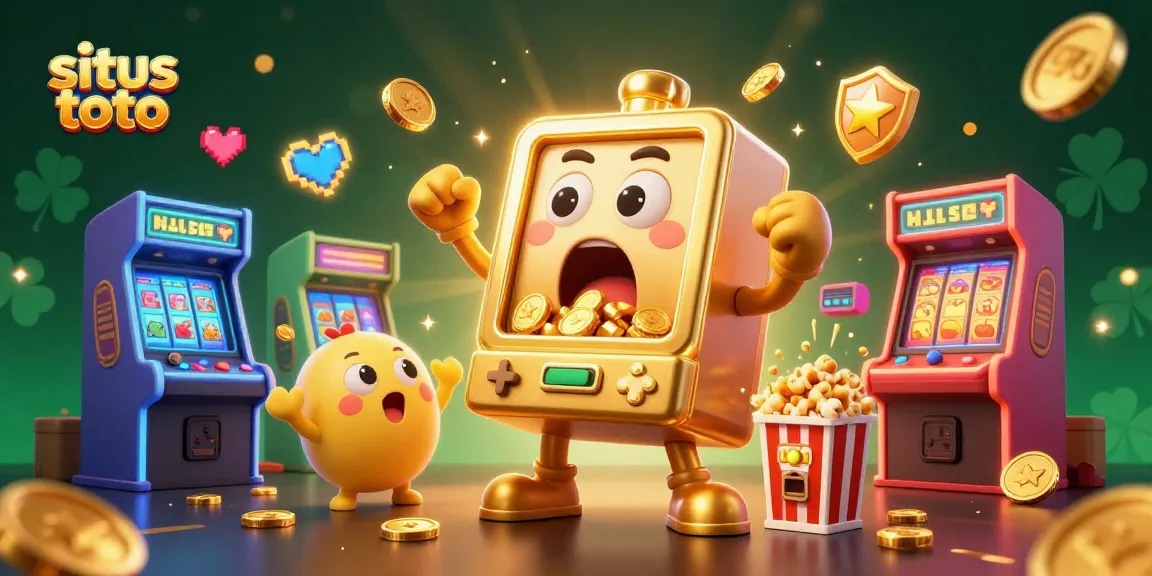 Situs toto showcases a vibrant 3D cartoon slot machine hitting a jackpot amid cheering smaller machines and playful popcorn.